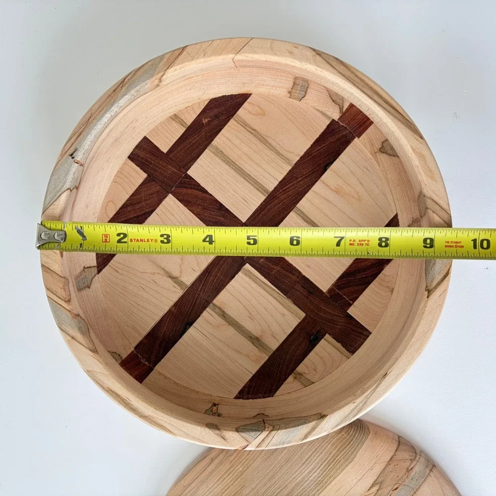 Handmade Segmented Wood Lidded Bowl Lattice Inlay Spalted Maple Trinket Box 9.5